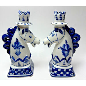 Set Vintage Gzhel Hand Painted Blue & White Porcelain Horse Candlesticks Holders